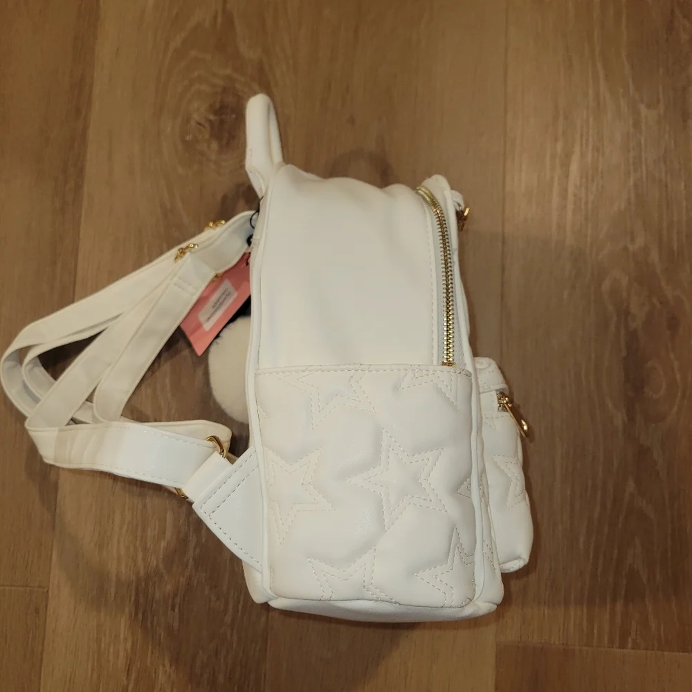 Like Dreams Quilted Stars and Moon Small White Backpack With Pom Pom New